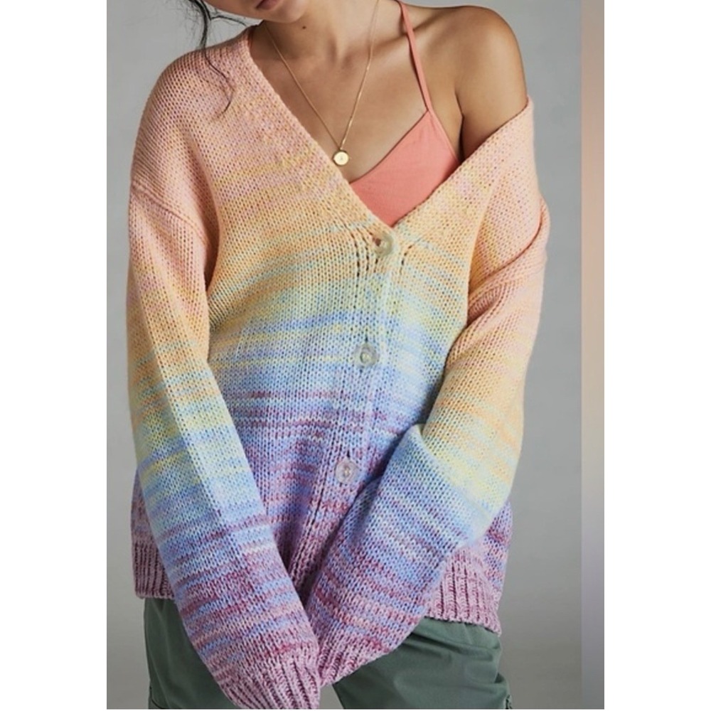 Aqua Pastel Rainbow Ombre Soft Knit Cardigan M Y2K Fairycore Coquette Colorful - Picture 1 of 7